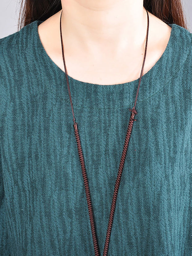 Women Cotton Round Neck Long Sleeves Dark Green Dress