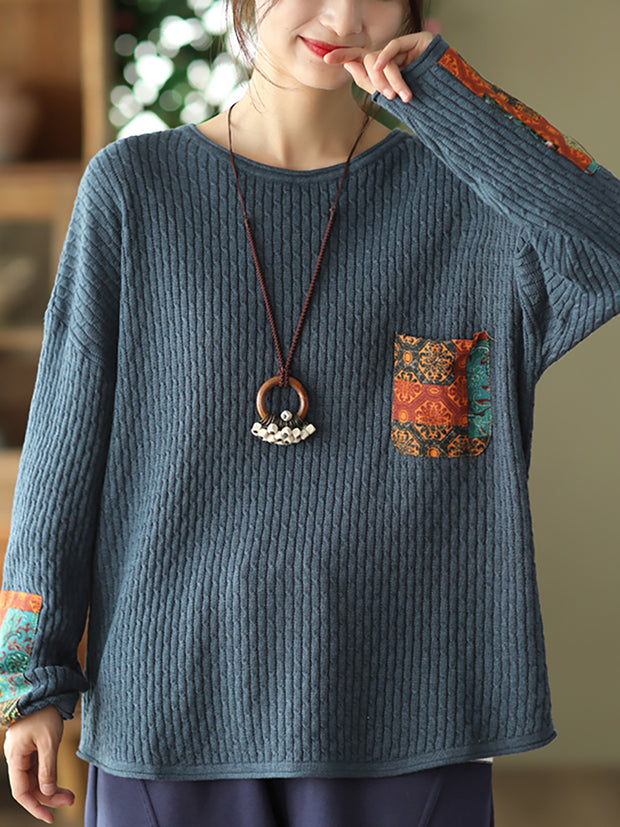 Women Vintage Print Patch Casual Loose Sweater