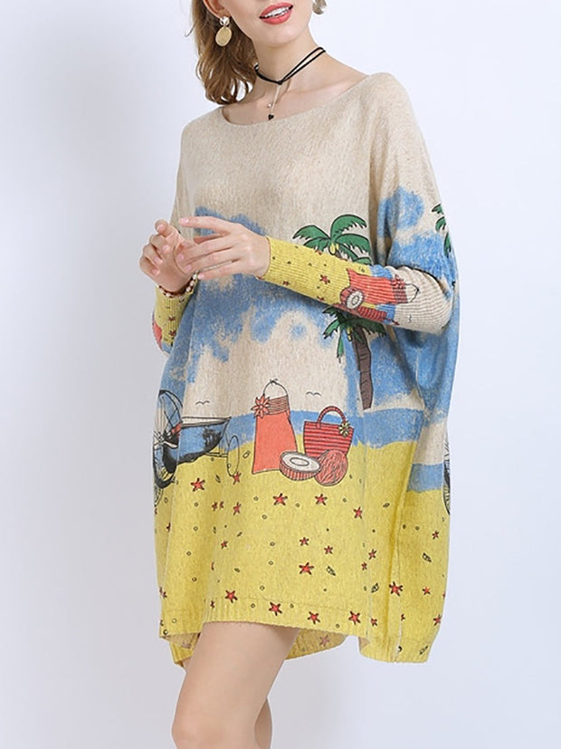 Women Casual Print Winter Loose Knitted Shirt