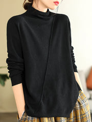 Women Loose Irregular Hem Half-high Collar  Sweater