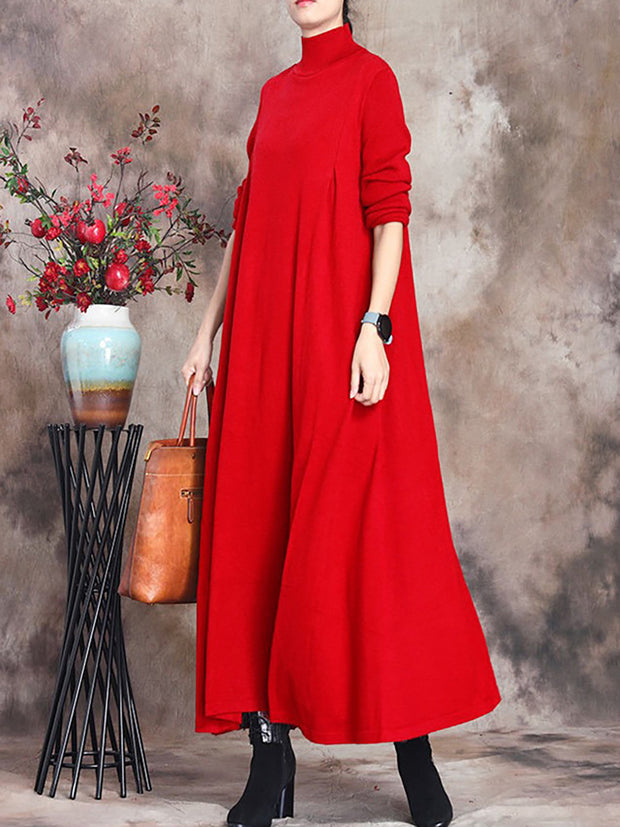 Women Artsy Solid Stand Collar Maxi Dress