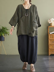 Plus Size Linen Casual String Irregular Women Loose Shirt