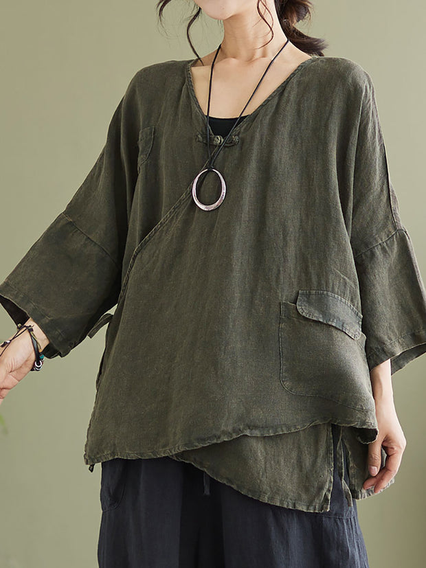 Plus Size Linen Casual String Irregular Women Loose Shirt
