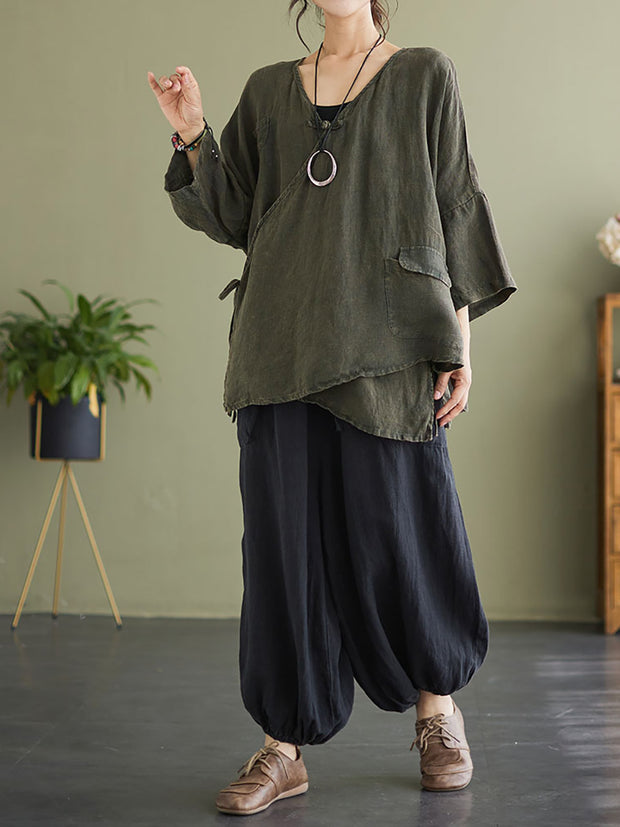 Plus Size Linen Casual String Irregular Women Loose Shirt