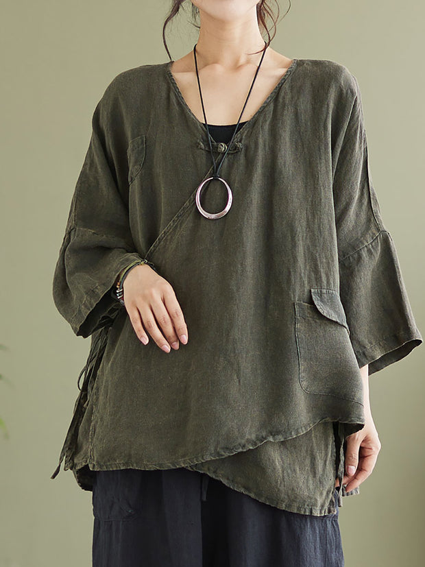 Plus Size Linen Casual String Irregular Women Loose Shirt