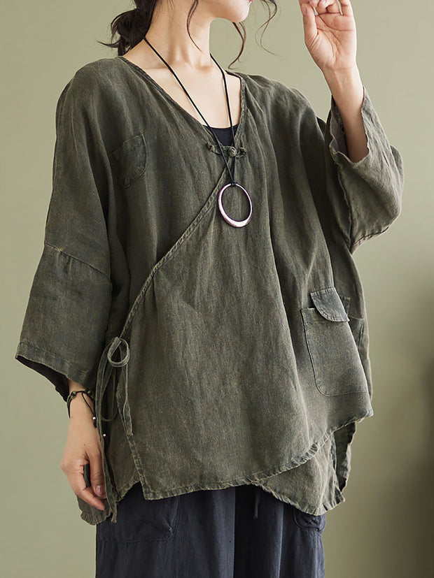 Plus Size Linen Casual String Irregular Women Loose Shirt