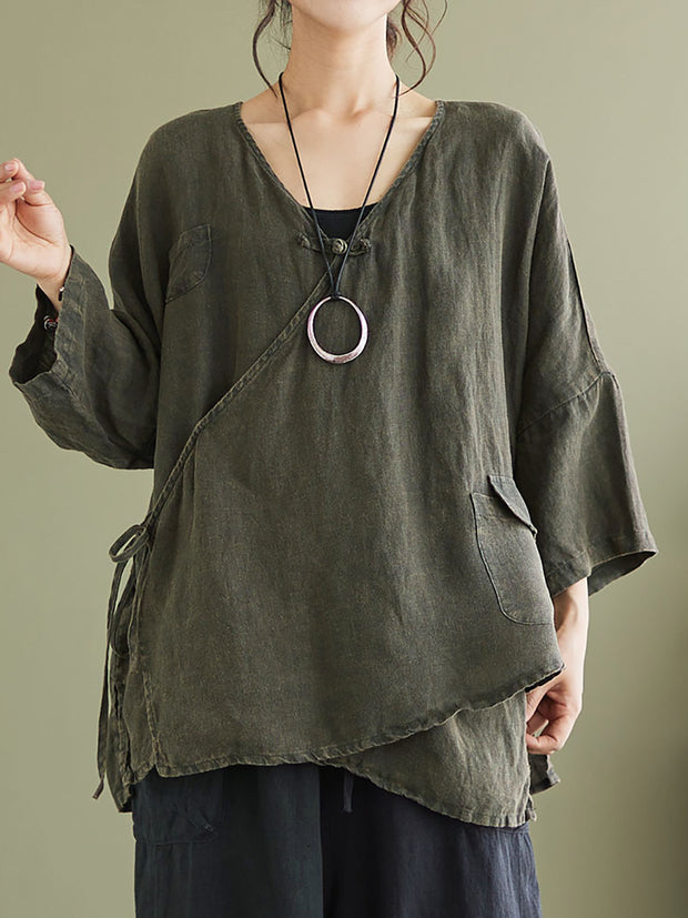 Plus Size Linen Casual String Irregular Women Loose Shirt