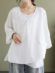Plus Size Linen Casual String Irregular Women Loose Shirt
