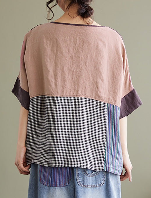 Plus Size Vintage Short Sleeve Women Linen Patchwork Loose T Shirt