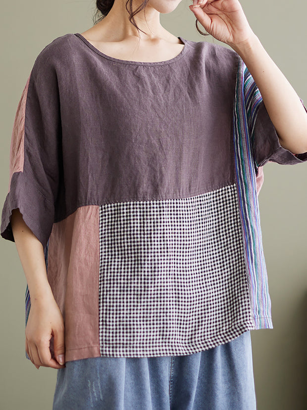 Plus Size Vintage Short Sleeve Women Linen Patchwork Loose T Shirt