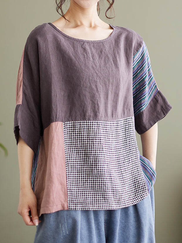 Plus Size Vintage Short Sleeve Women Linen Patchwork Loose T Shirt