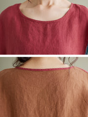 Plus Size Vintage Short Sleeve Women Linen Patchwork Loose T Shirt
