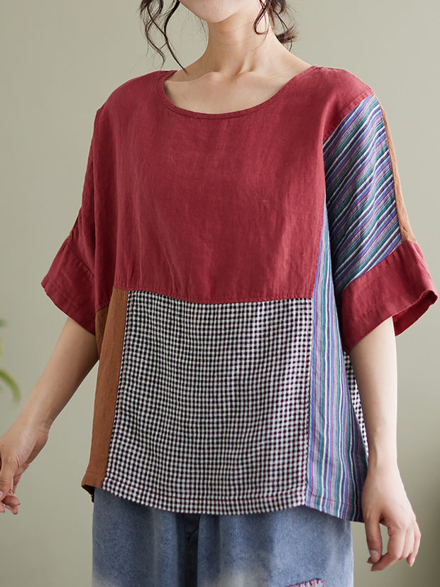 Plus Size Vintage Short Sleeve Women Linen Patchwork Loose T Shirt