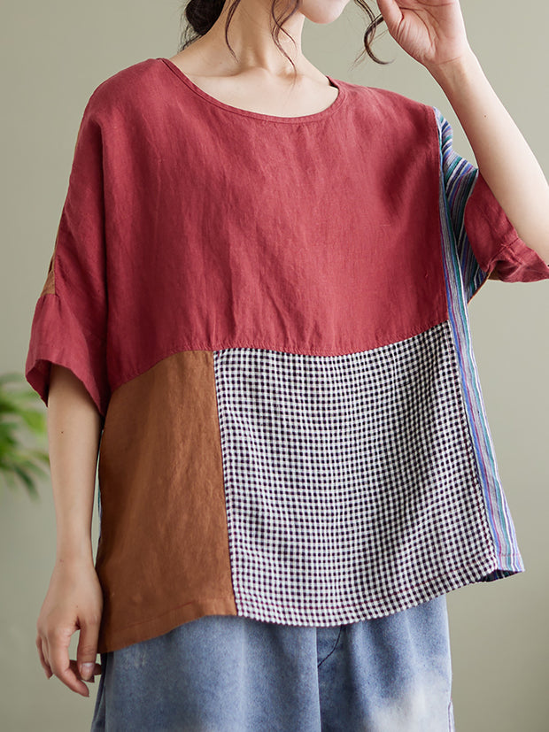 Plus Size Vintage Short Sleeve Women Linen Patchwork Loose T Shirt