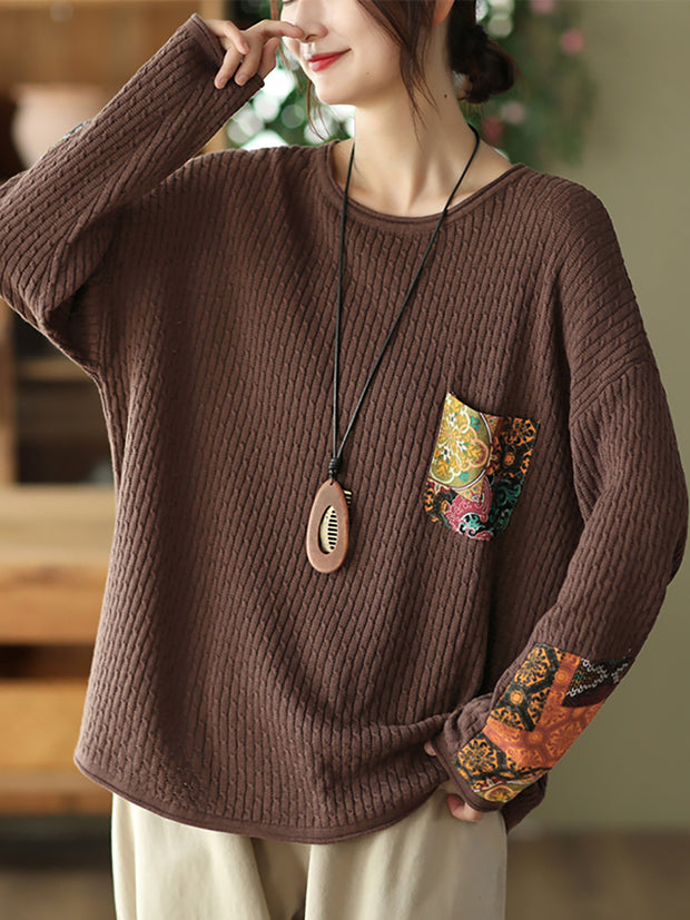 Women Vintage Print Patch Casual Loose Sweater
