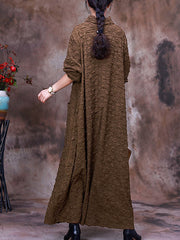 Pocket Pleated Long Sleeve Women Maxi Dress