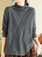 Women Loose Irregular Hem Half-high Collar  Sweater