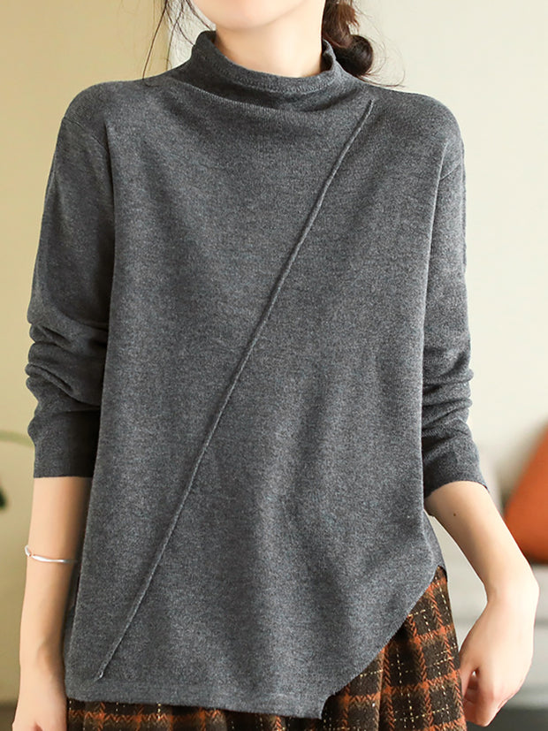 Women Loose Irregular Hem Half-high Collar  Sweater