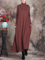 Women Artsy Solid Stand Collar Maxi Dress