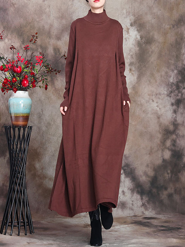 Women Artsy Solid Stand Collar Maxi Dress