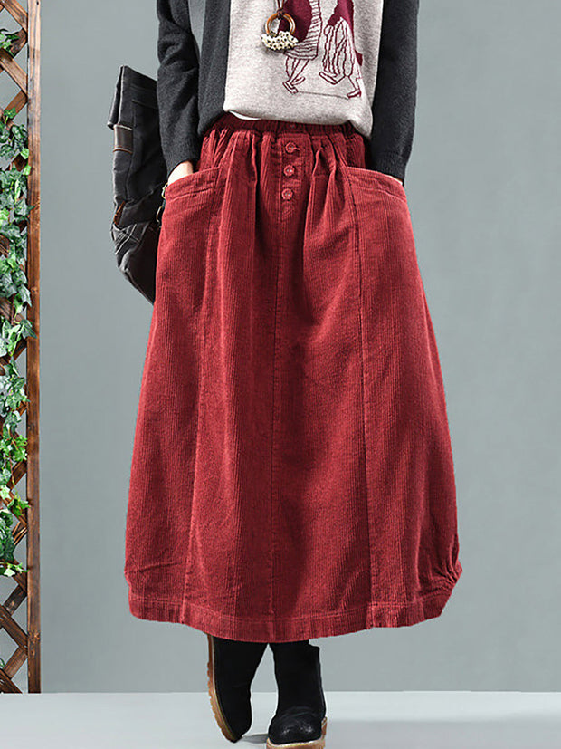 Elastic Waist Calf Length Spring Corduroy Skirt