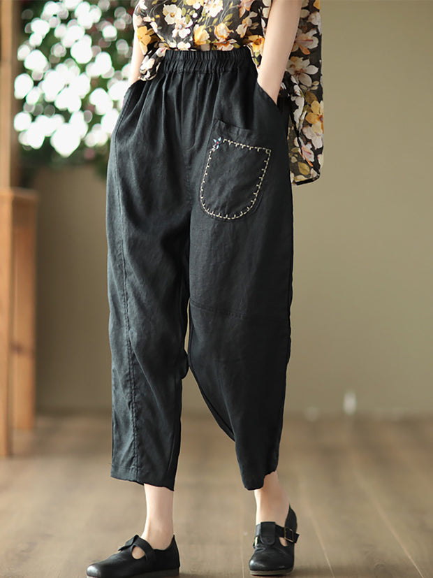 Embroidered Women Casual Elastic Waist Linen Harem Pants