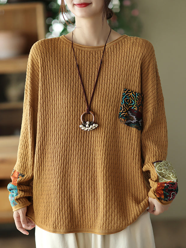 Women Vintage Print Patch Casual Loose Sweater