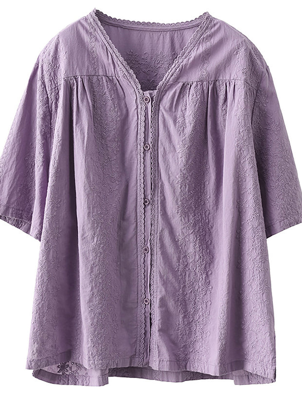 V Neck Casual Short Sleeve Cotton Women Shirt