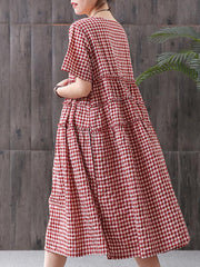 100%Cotton Short Sleeve Plaid Pocket Dress