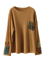 Women Vintage Print Patch Casual Loose Sweater