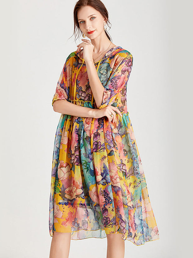 Hoody Summer Floral Loose Vintage Pleated Dress