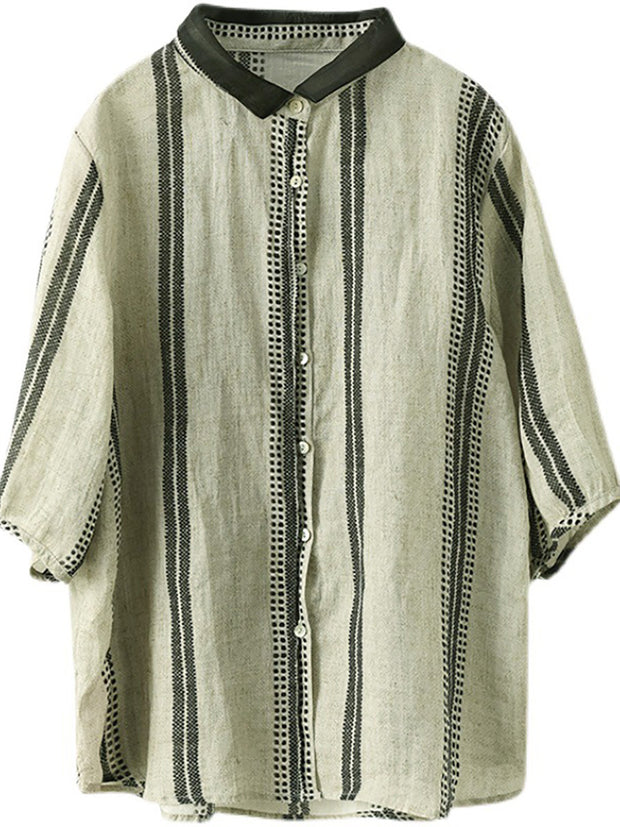Vintage Stripe Ramie Casual Summer Women Shirt