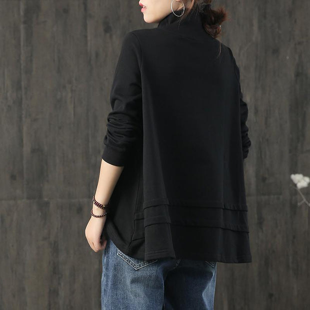 Plus Size - Buykud  Hand-Made Turtleneck Pure Color Cotton Blouse