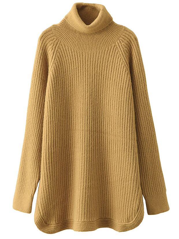 Women Turtleneck Slit Hem Loose Pullover Sweater