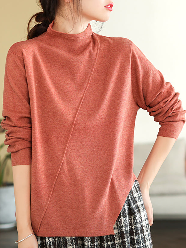 Women Loose Irregular Hem Half-high Collar  Sweater