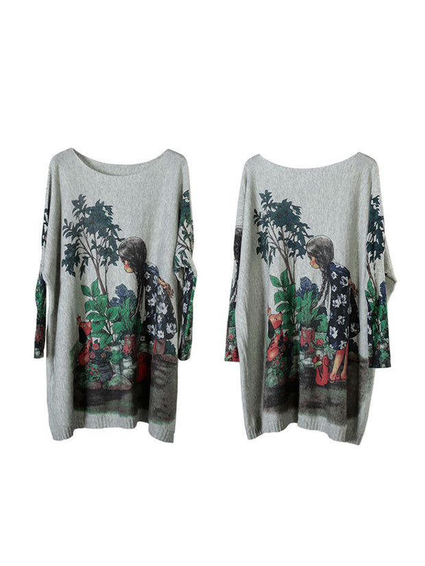 Autumn Women Loose Knitted Print Sweater