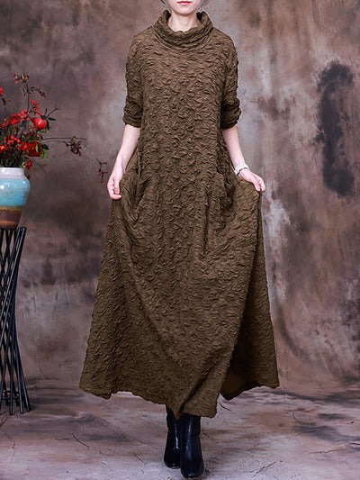 Pocket Pleated Long Sleeve Women Maxi Dress
