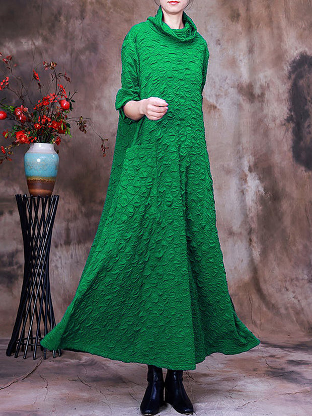 Pocket Pleated Long Sleeve Women Maxi Dress