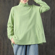 Plus Size - Buykud  Hand-Made Turtleneck Pure Color Cotton Blouse