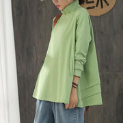 Plus Size - Buykud  Hand-Made Turtleneck Pure Color Cotton Blouse