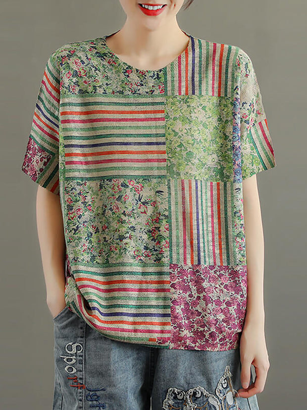 Cotton Floral Knitted Stitching Women T-shirt