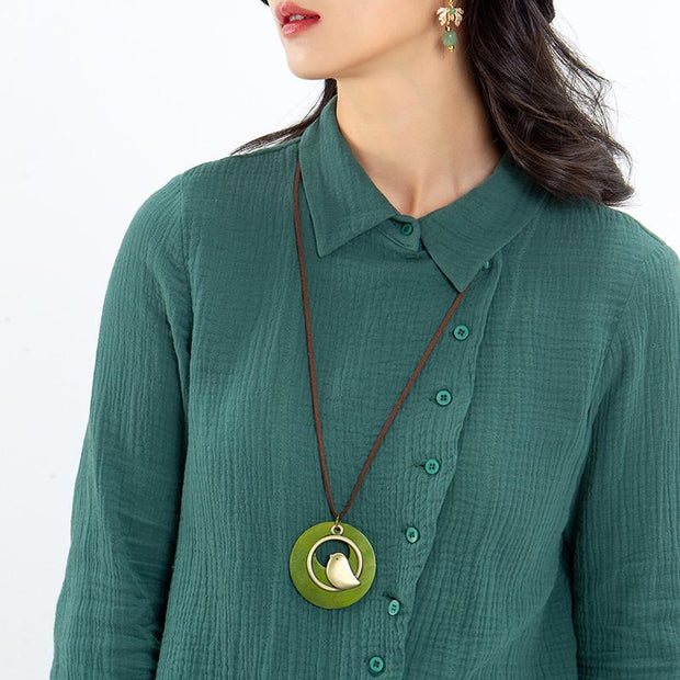 Cute Metal Bird Shape Round Wood Pendant Necklace
