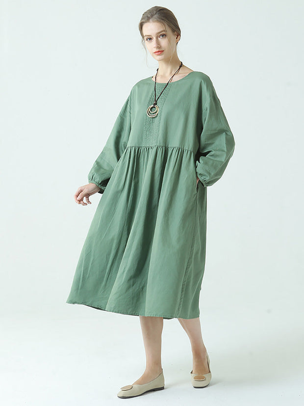 Linen Cotton Pleated Spring Long Sleeve Dress