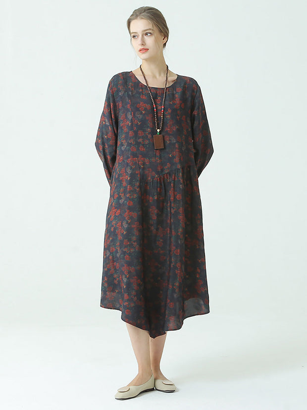 Pleated Floral Prints Spring O Neck Loose Dress