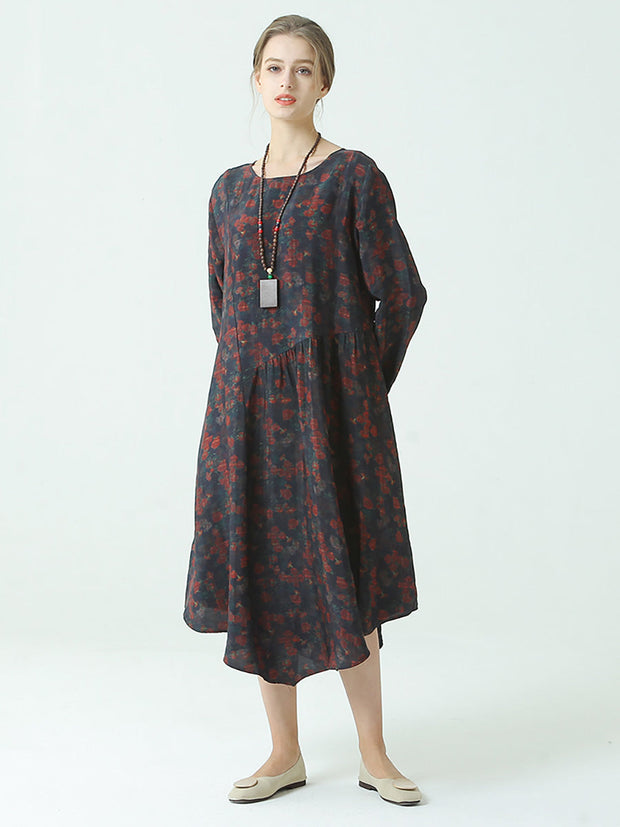 Pleated Floral Prints Spring O Neck Loose Dress