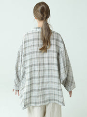 Linen Long Sleeve Women Plaid Loose Shirt M-2XL