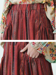 Stripe Tencel Spring Summer Elastic Waist Loose Skirt