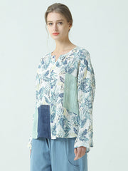 Linen Women Prints Pullover Patchwork Loose T Shirt