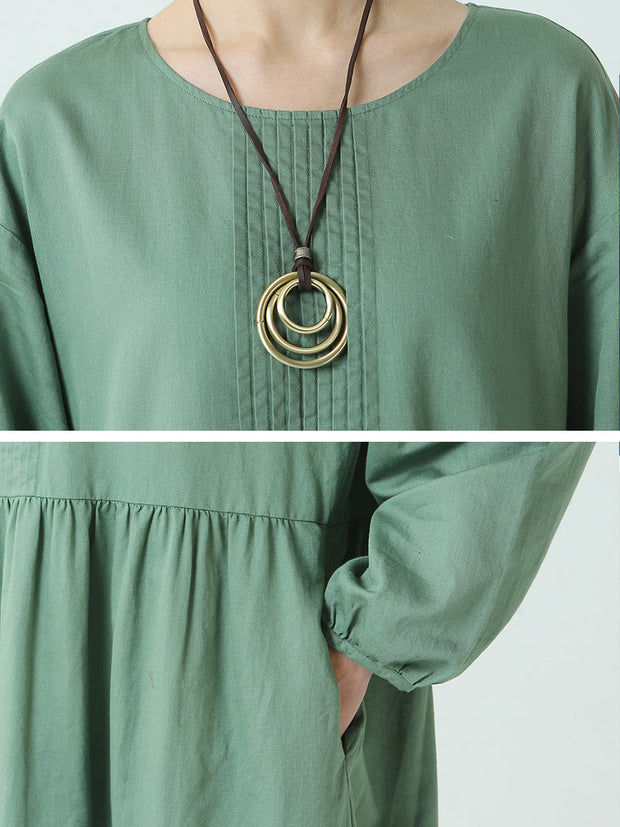 Linen Cotton Pleated Spring Long Sleeve Dress