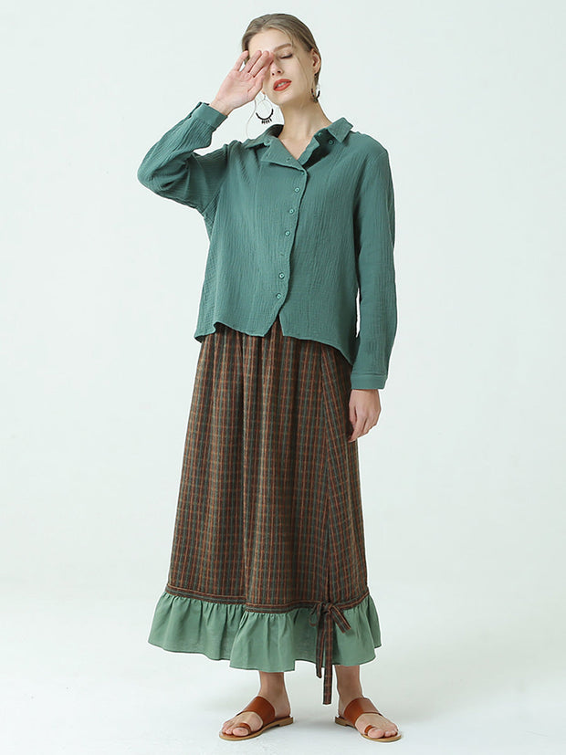 Spring Elastic Waist Plaid Loose Vintage Long Skirt M-2XL